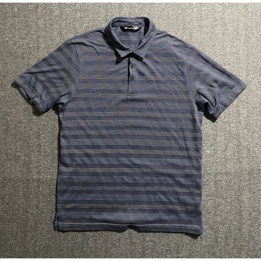 Travis Mathew Polo Shirt Mens Blue Pin Striped Embroidered Logo Golf Size M